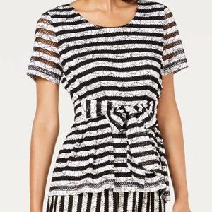 Textured Alfani Black and White Striped Tie-Waist Short-Sleeve Top